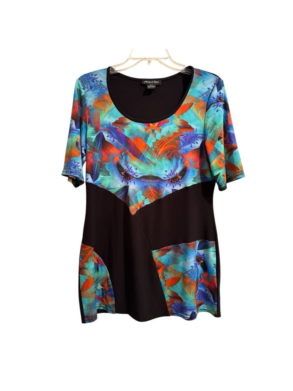 Michael Tyler Chic Tunic Blouse Womens Small Black & Vibrant Colors Layered